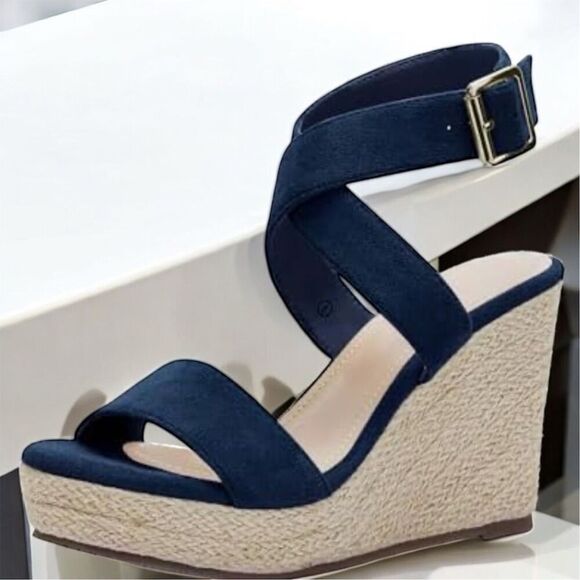 COUTGO Women's Navy Blue Espadrille Wedge Sandals Anke Strap Buckle - Picture 4 of 9